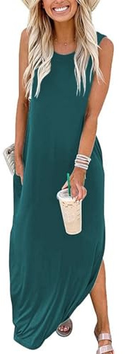 Sxkayxr Robe Longue Femme Chic et Elegant sans Manches Col Rond Robes Longues de Plage d'été pour Femmes avec Poches
