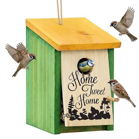 Relaxdays Nistkasten für Meisen & Spatzen, 32 mm, grün/gelb | Reinigungsklappe, Holz, Vogelhaus zum Aufhängen, Nisthöhle