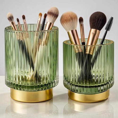Xygobla 2 Pack Makeup Brush Holder Vanity Storage | Vintage Striped Cosmetic Organiser Cup Pen Pencil Holder Decorative Makeup Brushes Eyeliners Toothbrush Container