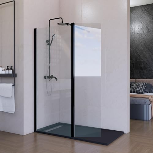 Mampara de Ducha Fija con Panel Abatible Negra 80 cm + 40 cm – Cristal Templado 8 mm Antical – Mampara Walk In Reversible para Baño Moderno – HOGAKIS