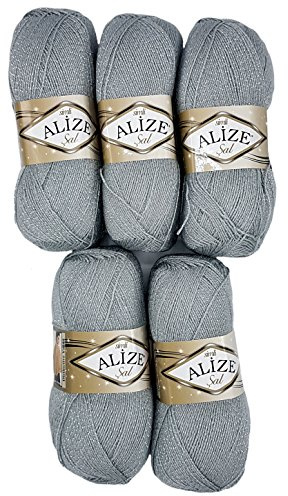 5 x 100 g Alize Glitzerwolle SAL zum Stricken und Häkeln, 500 Gramm Metallic – Wolle (grau 21)