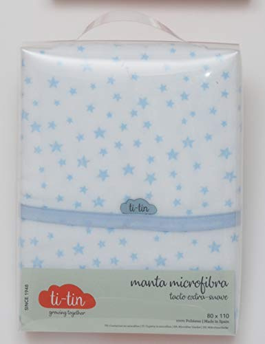 Ti TIN | Babydecke, 80x110 cm | Kuscheldecke aus Fleece-Stoff, warm und weich, fürs Auto, Wiege, Kinderwagen, Babyschale, etc, Sternenmuster - Farbe Weiß/Blau