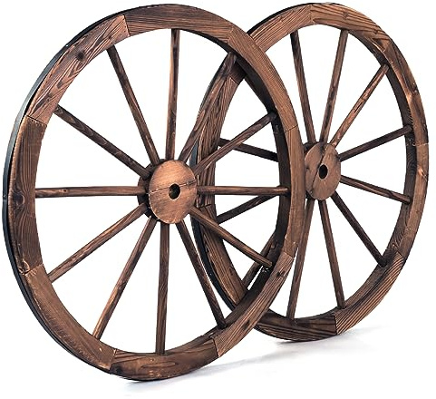 COSTWAY 2er Set Wagenrad Holz, Ø76 x 3,5 cm, Braun | Holzrad mit Eisenblech, altes Wagen Dekorad, Western-Stil, Holzwagenrad Vintage, rustikale Dekoration für Garten Bar