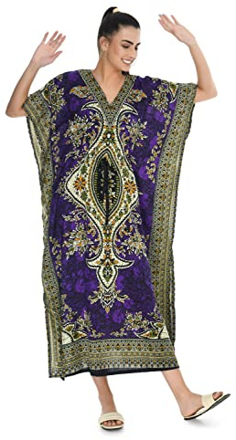 spurbayfashions Women's Kaftan - Gamla Print Tunic Kimono Long Maxi Dress for Loungewear, Holidays, Nightwear, Beach, and Everyday Cover Up