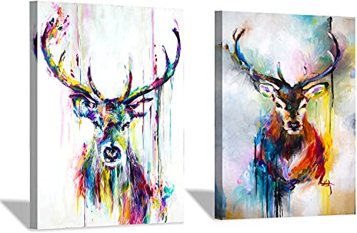 MJEDC Hirsch Bild Auf Leinwand 2 Stück Bunte Hirsch Bilder mit Rahmen Leinwandbilder Wanddeko Wand Wohnzimmer XXL Deko Kunstdruck Wanddekoration (2 Stück, 20x30cm)