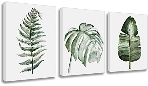 Plant Pictures Botanical Wall Decor - Framed Set of 3 Tropical Monstera Leaf Canvas Prints Posters Green Artwork Palm 12x16 Inches Paintings For People Bedroom Bathroom Kitchen Office Dorm Decoration