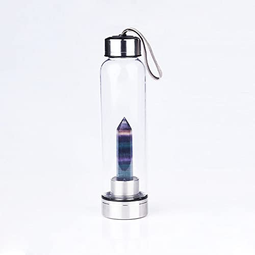 Kristallwasserflasche Natürlicher Quarzkristall-Zauberstab Verziert Zauberstab Heilung Elixier Punkt Reiki Kristall Obelisk Edelstein-Infundierte Wasserflasche ( Color : Dark colorful fluorite )