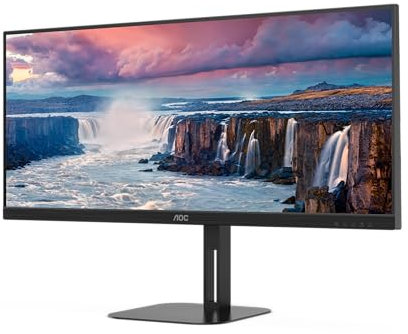 AOC U34V5C - 34 Inch QHD MOnitor, 100Hz, VA, 4ms, USB-C Docking, 65W power output, USB HUB, Height Adjust, Speakers, Flicker Free (3440 x 1440 @100Hz, 300 cd/m² , HDMI 2.0 / USB-C 3.2 DP alt mode)