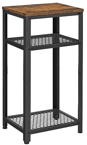 VASAGLE 3-Tier Tall Side Table, Small Telephone End Table Stand with 2 Mesh Storage Shelves for Office, Bedroom, Living Room, Kitchen Cart, Rustic Brown and Black