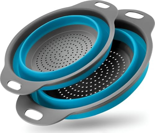 HI NATURE™ Faltbarer Seiher Sieb Set, 2-teilig, Silikon Sieb Küche klein & groß, Klappbar Abtropfsieb Nudelsieb, BPA-frei, hitzebeständig, spülmaschinenfest, platzsparend, Blau/Grau