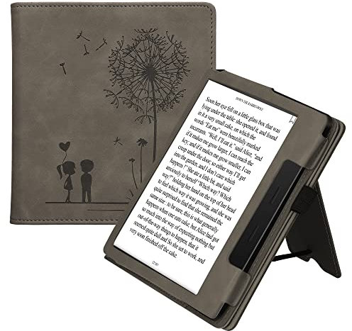 kwmobile Schutzhülle kompatibel mit Amazon Kindle Oasis 10. Generation Flip Hülle - Cover mit Handschlaufe - Pusteblume Love Grau