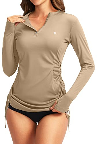 Soothfeel Women's Long Sleeve UV Sun Protection Rash Guard Shirts UPF 50+ Swim Shirt Swimsuits Top for Women with Zip Pockets Khaki