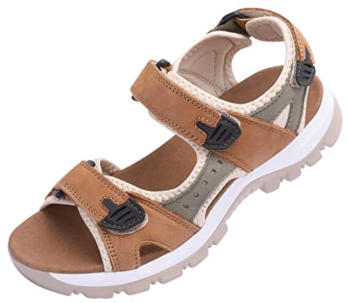 Harssidanzar Sandales en Cuir pour Femmes Sandales de randonnée Sandales de Sport pour l'extérieur SL256EU,Camel Gris,Taille 37