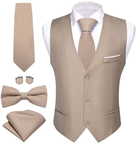 Barry.Wang Chaleco Formal de Hombre para Traje de Negocios Ajustado Estilo Casual Color Sólido Chaleco Corbata de Lazo Set para Boda Fiesta, caqui claro, L