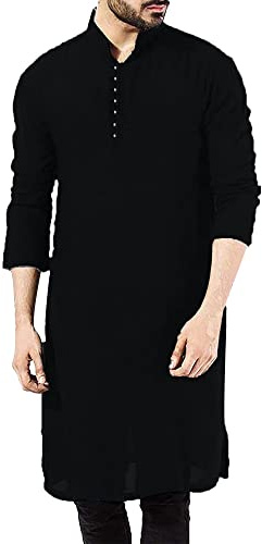 YAOHUOLE Mens Ethnic Kaftan Moroccan Thobe Cotton Linen Kurta for Men Long Sleeve Islamic Robes Black L