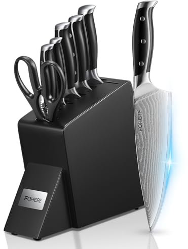 Messerblock mit Messer, FOHERE 7-TLG Damastmesser Küchenmesser, Japanisches Damaststahl VG-10, Rutschfest und Dreifach Vernieteten Griff für Damast Küchenmesserset, Schwarz