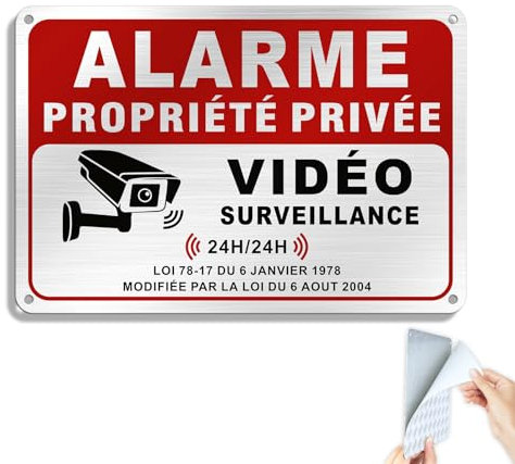 SINMAO Panneau Maison sous Vidéo Surveillance Aluminium Brossé Alarme Adhésif Propriété Privée Aluminium 22x15cm 24H/24H Résistant aux UV, Imperméable, Avec Trous Percés