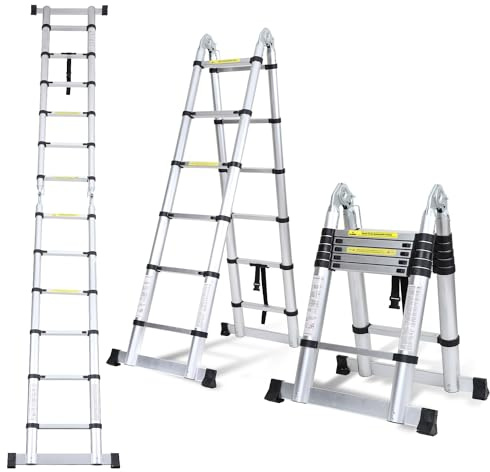 Randaco 3,8 m (1,9 +1,9) Teleskopstege fällbar stege aluminium, utdragbar stege, halkfri aluminiumstege stående stege multifunktionsstege aluminiumledare, teleskopisk utdragbar stege 150 kg