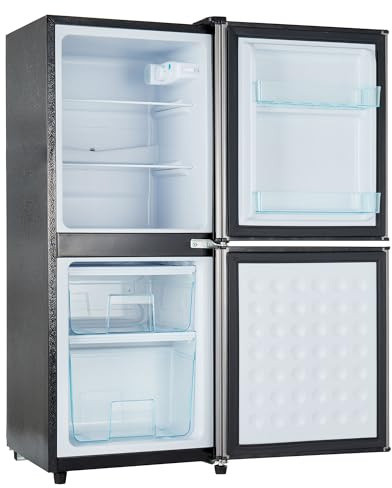 Merax 106L Zweizonen-Energiesparkühlschrank: 60L Kühlschrank + 46L 4-Sterne-Gefrierschrank, 7 Temperatureinstellungen, Grau-Silber gebürstet, LED-Beleuchtung, Verstellbare Einlegeböden,166 kWh/Jahr