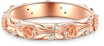 Jeulia 925 Sterling Silber Damenring Rose und Blatt geschnitzter Verlobungsring Ewigkeitsringe Eheringe Eternity Ring für ihre Frauen zum Jahrestag, Weihnachten, Valentinstag (Roségold, 68(21.8))