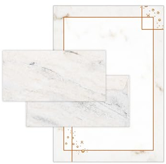 Briefpapier-Set 25 Motivpapier DIN A4 + 25 Kuverts DIN-lang haftklebend Marmor grau Marmoriertes Papier Goldener Rahmen beidseitig beschriftbar für Geburtstag Jubiläum Hochzeit Geschenk