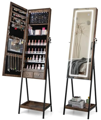 COSTWAY Armadietto Portagioie da Terra, Specchio Portagioie a 3 Colori LED, Specchio per Trucco con Altezza e Angolo Regolabile, Organizer per Gioielli con Ripiani e 2 Cassetti Interni (Industriale)