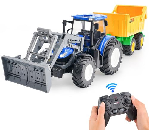 NEXBOX Ferngesteuerter Traktor Spielzeug fur Kinder - RC LKW Set Metall Front End 4 Räder mit Lichtern Bauernhof Auto Spielzeug für 3 4 5 6 7 8 9 Jahre alt Jungen Mädchen Geburtstag Geschenk