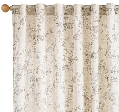 Lazzzy Leinen-Vorhänge mit Blumenmuster, 160 cm, Schlaufen, für Wohn- und Schlafzimmer, Lichtfilterung, Landhausstil, Vintage, 2 Paneele, Grau auf Beige