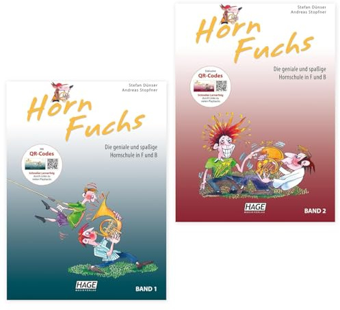 HornFuchs 1 und 2 (Starterset) mit QR Codes - Horn Fuchs Band 1 und Band 2 - Spiralbindung (ISBN 9783866262805, 9783866263390) + Soundman Handschlaufe für Waldhorn Kinderhorn