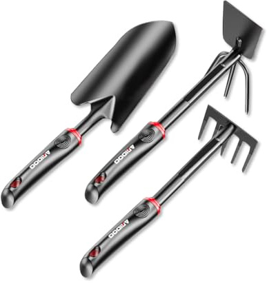 OLYSPM 3 PCS Herramientas Jardineria,Herramientas Jardin,Kit Jardineria de Acero HRC60 con Pala,Rastrillo de Cinco Dientes,Azada Combinada,Compañero Ideal de Jardín para Palear,Aflojar,Desherbar