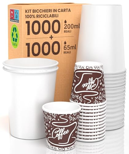 Kit 1000 Bicchieri in Carta Bianchi 200ml da Asporto Bevande Calde e Fredde + 1000 Bicchierini in Carta Fantasia Brown Coffee 65ml per Caffè Classic Mix Ecologici Biodegradabili Monouso