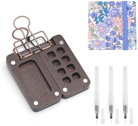 HENGBIRD Portable Aquarell Skizzenbuch, Paletten Gouache Farben Set, 8 Grids Mini Aquarell Holz Reise Malpalette Malkasten, Mini Aquarellkasten mit Aquarellpapier, Aquarellpinsel Stifte und EIN Clip