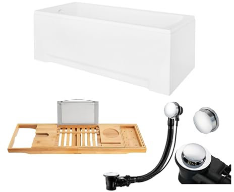 BADLAND Premium Set 5in1 Badewanne Rechteck Acryl Weiß Wanne OPTIMAZ 170x70 cm, Made in EU + Verkleidung (AcrylSchürze) + Bambus Badewannenablage, Moderne Design, mit Ablaufgarnitur und Füßen