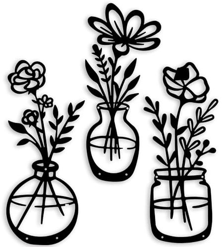 VALINSKY Blume Wand Dekor 3-teilige schwarze Vase Wand Kunst Einfachheit Home Decor Metall Wand Skulpturen hängen für Innenbad Schlafzimmer Küche Wohnzimmer