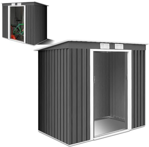 HOMASIS Casetta da Giardino in Lamiera con Tetto Spiovente e Fondamenta, Capanno da Giardino con 2 Porte Scorrevoli e 2 Finestre per la Ventilazione, Grigio, 213 x 130 x 173 cm