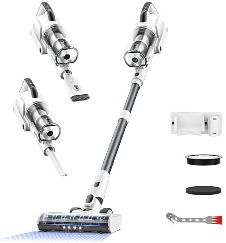 Klarpul Cordless Vacuum Cleaner, 600W 50KPA 65Mins Runtime Fast Charging Vacuum Cleaner, Self-Standing LED Light Touch Screen Stick Vacuum for Home Light Weight,for Pet Hair/Carpet/Floor, White