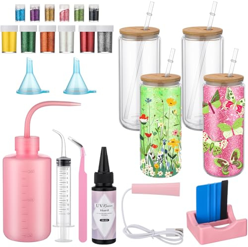 Skylety 4 Pack DIY Snow Globe Tumbler Supplies Kit 16oz Pre Drilled Double Wall Cup 12 Colors Glitter Squeeze Bottle Funnel Tweezer Bent Syringe UV Resin Flashlight Cup Holder Scraper(Log Color)