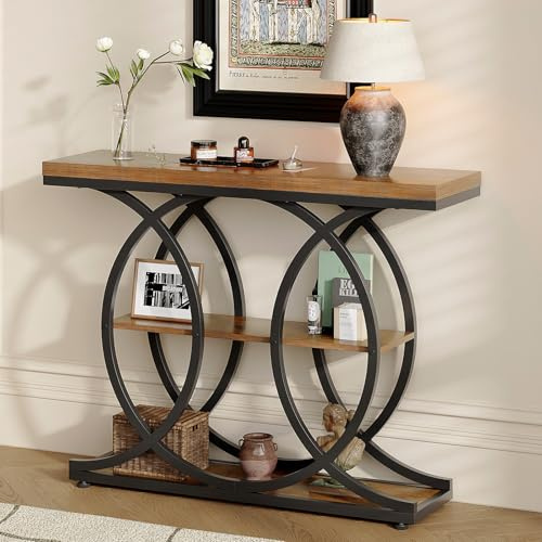 GiftGo Narrow Console Table for Entryway Industrial 3-Tier Sofa Table Behind Couch with Circle Base Wooden Accent Wall Tables with Storage Shelves for Living Room, Hallway, Foyer (Rustic Brown)