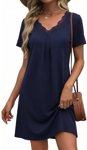 Litherday Chemise de Nuit Femme Coton Robe de Nuit Col V Dentelle Manches Courtes Nuisette Vêtement de Nuit Bleu Foncé L