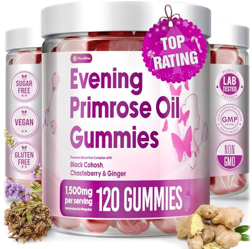 FloraBliss 120 Evening Primrose Oil Gummies | 1500mg | with Black Cohosh, Chasteberry, Ginger Extract for Daily Women's Wellness Support | Vegan, Non-GMO, Sugar-Free