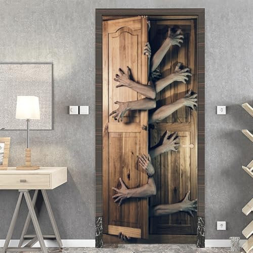 Türtapete Selbstklebend Türfolie Retro Holzmaserung Horror Hand Türaufkleber Wandbild PVC Türtattoos Türposter Fototapete für Wohnzimmer Schlafzimmer Küche Toilette Türdeko 90x200 cm