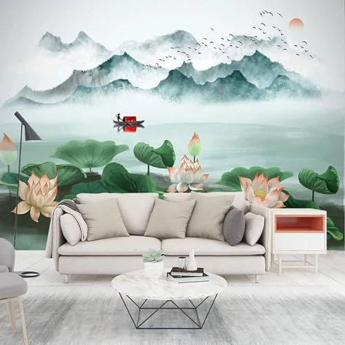 Tzxztt Lotus Mountain Bird Boat Sunrise Modern 3D Wallpaper Premium Textured Silk Neutral Tones Material Ideal for Living Room Bedroom-250cm×170cm