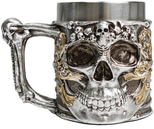 ZONSUSE Tasse Crâne 3D, Tasse à Café Crâne Gothique, Chope à Bière Médiévale avec Poignée Crânes, Cadeaux pour Homme Femme Anniversaire Noël Halloween Fête Bar Décorations 450 ml (Skull)