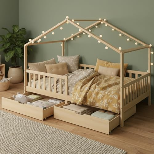 Bellabino Bia Montessori Hausbett 120x200 cm, Natur, 2 Schubladen, Stauraum | Kinderbett aus Massivholz Kiefer, mit Rausfallschutz, mit Lattenrost, Jungen & Mädchen, Holzbett, Bettgestell, Kinderzimmer