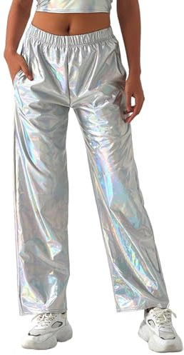 Glänzende Metallic Hose Damen Hohe Taille Jogginghose 80er 90er Jahre Geradem Bein Hip Hop Hosen Lack Leder Wet Look Clubwear Holografische Rave Hose Streetwear Faschingshose