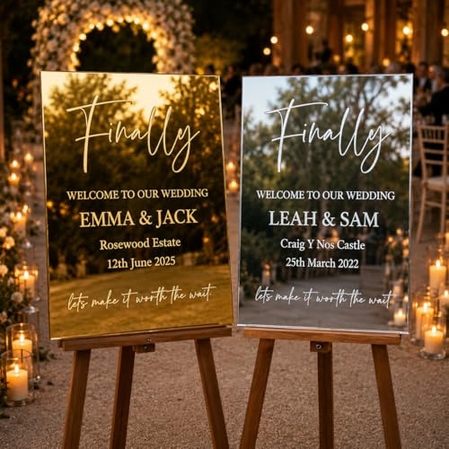 the crafty bonobo Personalised Wedding Welcome Sign – Mirror or Gold Mirror – Custom Names & Date – Freestanding or Easel Display – 3 Sizes