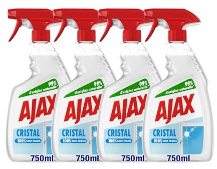 Ajax - Spray Nettoyant Crystal Clean Glass - Nettoyant multi-usages Vitres -100% anti-halo - Anti-buée - Lot de 4 x 750 ml