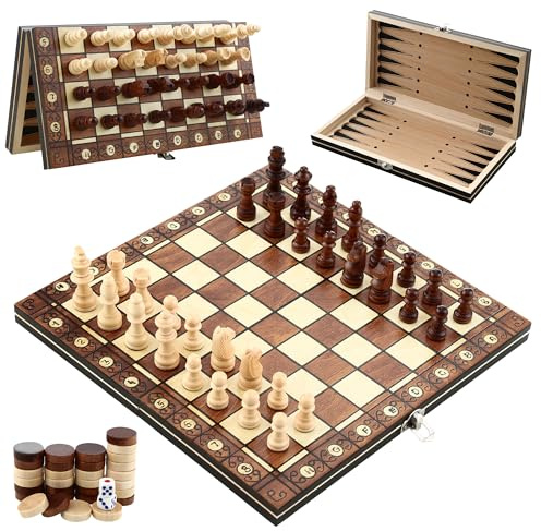 3-in-1-Schachspiel Magnetisches, 29 cm x 29 cm Schachspiel aus Holz, Tragbares Faltbares Schachbrett, Hochwertig Chess Board für Familie Aktivitäten, Erwachsene Kinder Partys, Reisen Schach