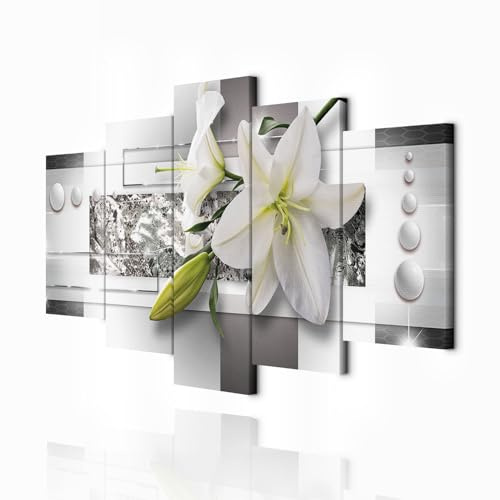 decomonkey Wandbilder Blumen Lilien 200x100 cm XXL 5 Teilig Leinwandbilder | Bild auf Leinwand, Kunstdruck, Wanddeko, Wohnzimmer, Wanddekoration, Abstrakt, silber
