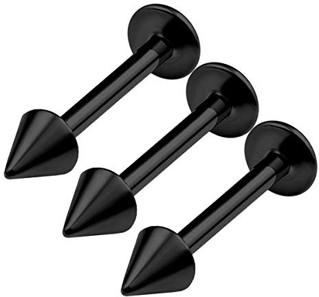 KJM FASHION 3 STK Eloxiert Schwarz Monroe Labret 1,2mm 16g 8mm 5/16 Inch 3mm Spitze Monroe Vertical Labret Lip Spiderbite Ohrringe Piercing Schmuck 0033